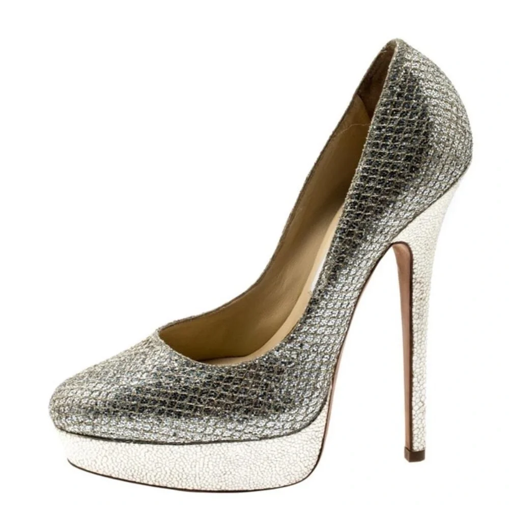 Jimmy Choo Silver Metallic Champagne Lamè Fabric Leather Alex Platform Pumps EUC